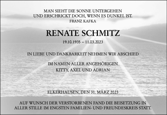 Traueranzeige von Renate Schmitz von Weilburger Tageblatt