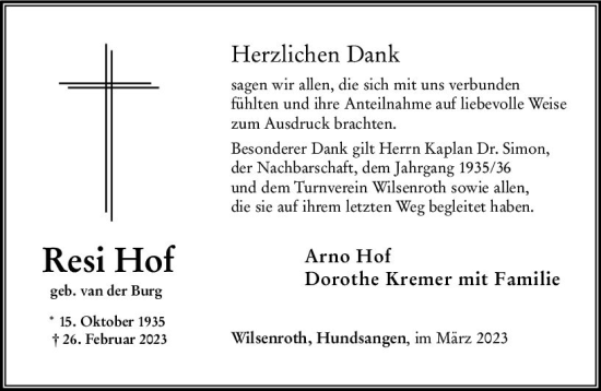 Traueranzeige von Resi Hof von Nassauische Neue Presse
