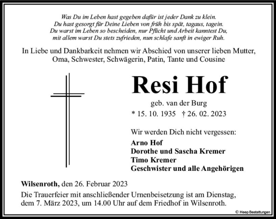 Traueranzeige von Resi Hof von Nassauische Neue Presse