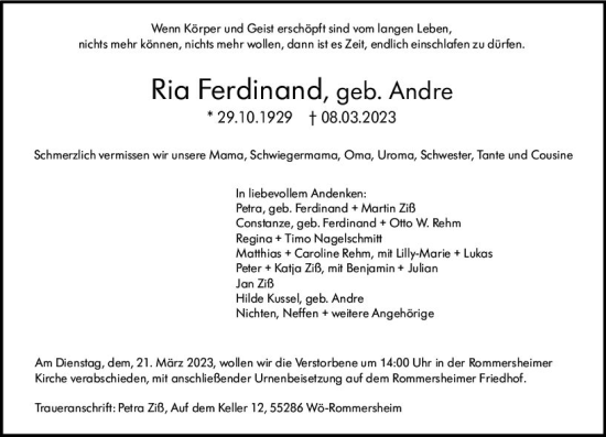 Traueranzeige von Ria Ferdinand von Allgemeine Zeitung Alzey