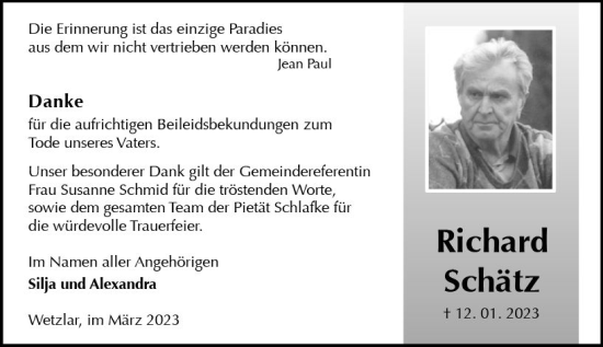 Traueranzeige von Richard Schätz von Wetzlarer Neue Zeitung