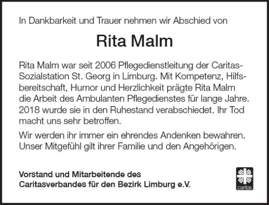 Traueranzeige von Rita Malm von Nassauische Neue Presse