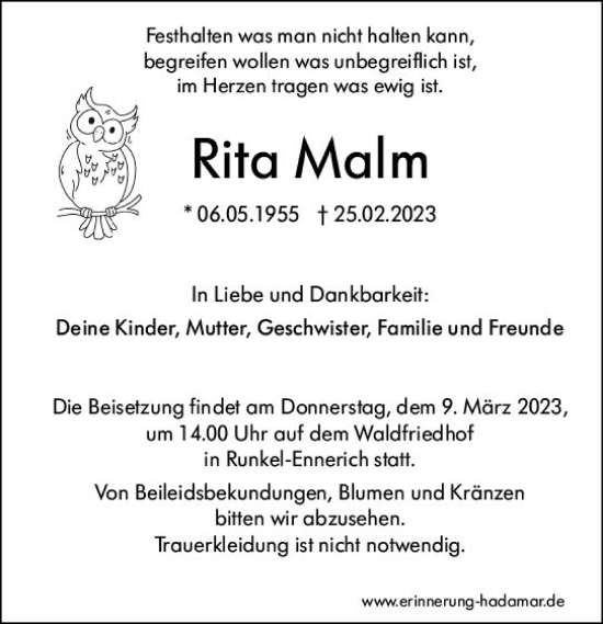 Traueranzeige von Rita Malm von Nassauische Neue Presse