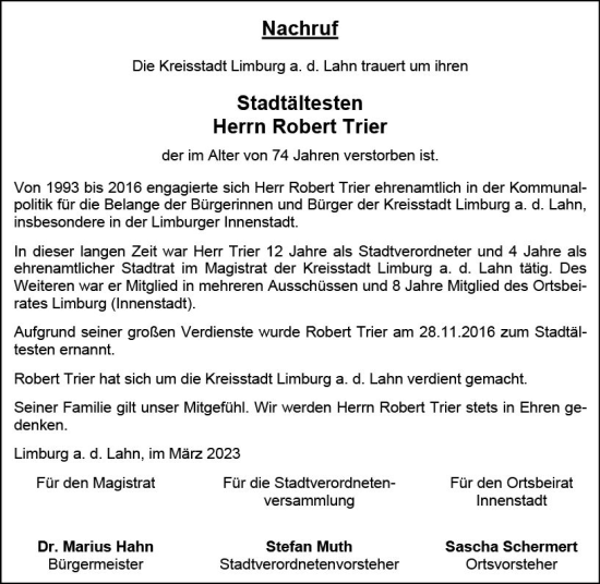 Traueranzeige von Robert Trier von Nassauische Neue Presse
