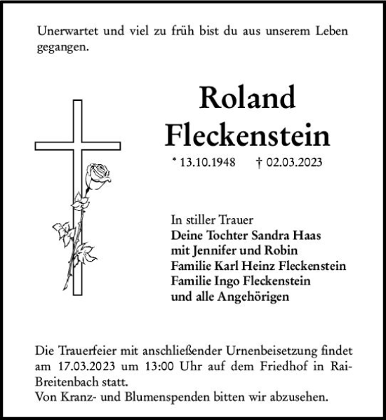 Traueranzeige von Roland Fleckenstein von Odenwälder Echo