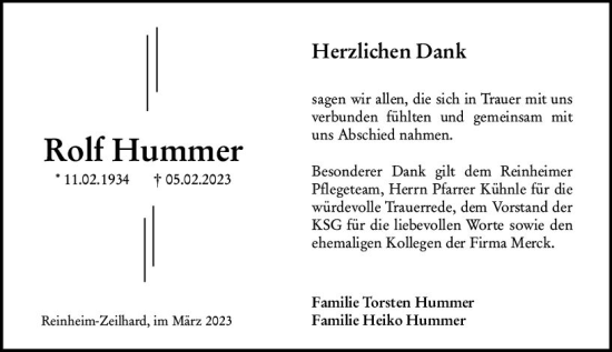 Traueranzeige von Rolf Hummer von Darmstädter Echo