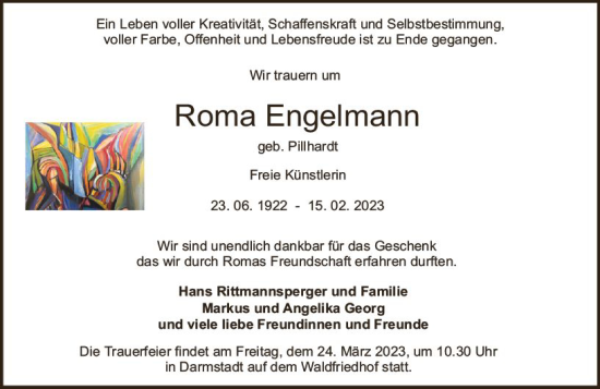 Traueranzeige von Roma Engelmann von Darmstädter Echo