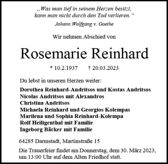 Traueranzeige von Rosemarie Reinhard von Darmstädter Echo