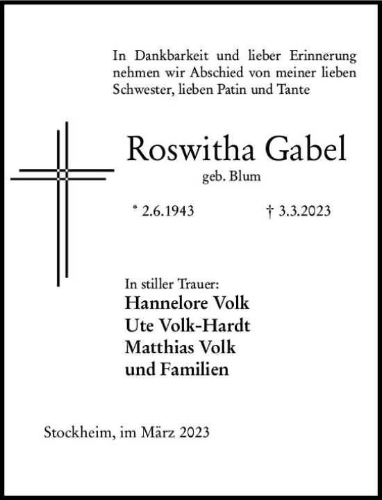 Traueranzeige von Roswitha Gabel von Odenwälder Echo