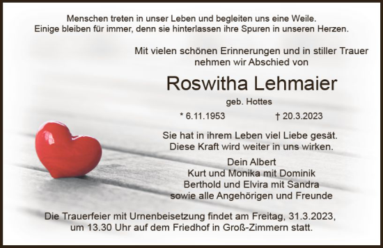 Traueranzeige von Roswitha Lehmaier von Dieburger Anzeiger/Groß-Zimmerner Lokal-Anzeiger