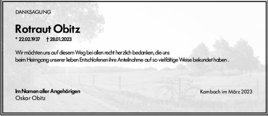 Traueranzeige von Rotraut Obitz von Hinterländer Anzeiger
