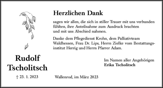 Traueranzeige von Rudolf Tscholitsch von Oberhessen Kurier