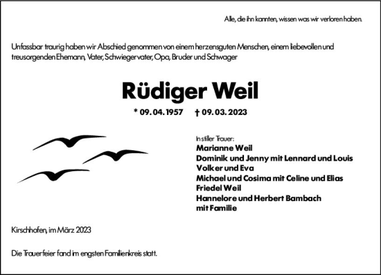 Traueranzeige von Rüdiger Weil von Weilburger Tageblatt
