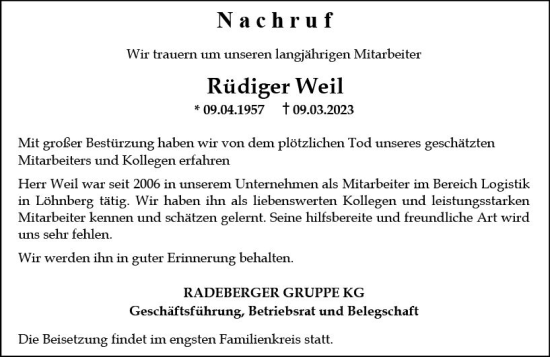 Traueranzeige von Rüdiger Weil von Weilburger Tageblatt