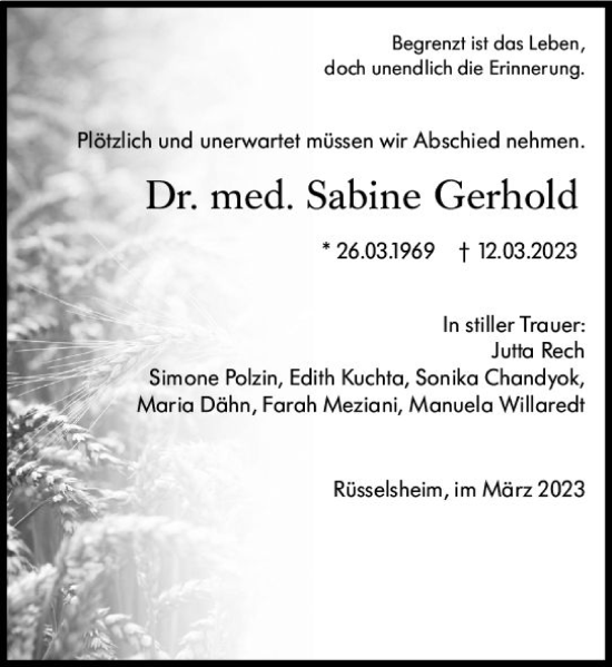 Traueranzeige von Sabine Gerhold von Rüsselsheimer Echo