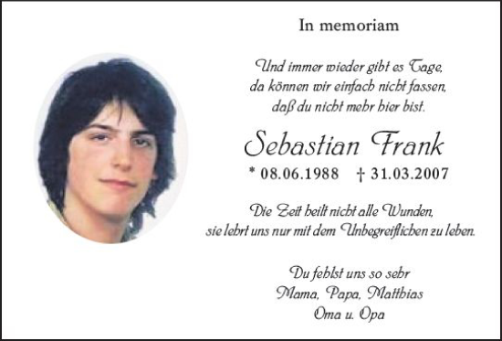 Traueranzeige von Sebastian Frank von Wormser Zeitung