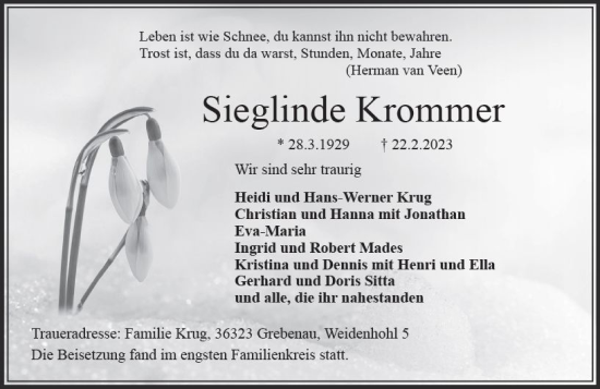Traueranzeige von Sieglinde Krommer von VRM Trauer