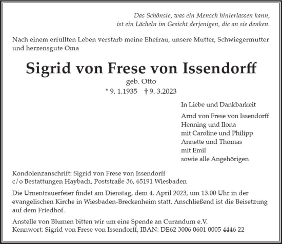 Traueranzeige von Sigrid von Frese von Issendorff von Wiesbadener Kurier