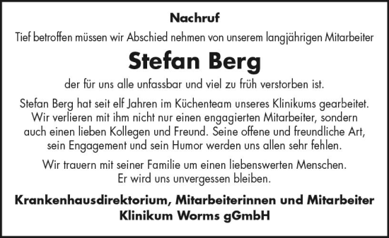 Traueranzeige von Stefan Berg von Wormser Zeitung