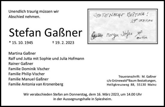 Traueranzeige von Stefan Gaßner von Allgemeine Zeitung Alzey