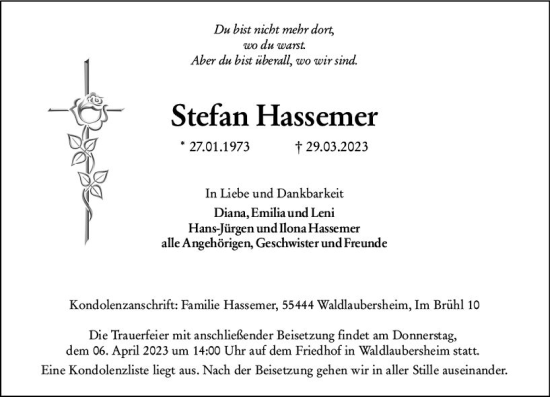Traueranzeige von Stefan Hassemer von Allgemeine Zeitung Bad Kreuznach