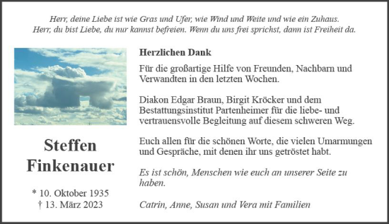 Traueranzeige von Steffen Finkenauer von Allgemeine Zeitung Bad Kreuznach