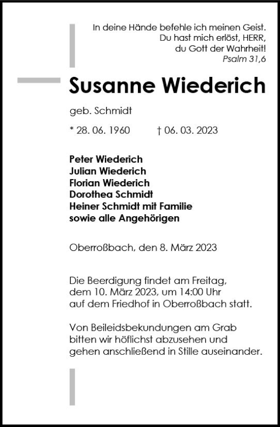 Traueranzeige von Susanne Wiederich von Dill Block