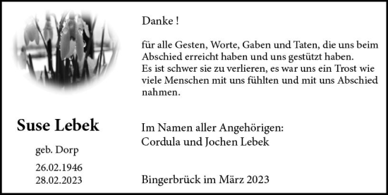 Traueranzeige von Suse Lebek von Allgemeine Zeitung Bingen/Ingelheim