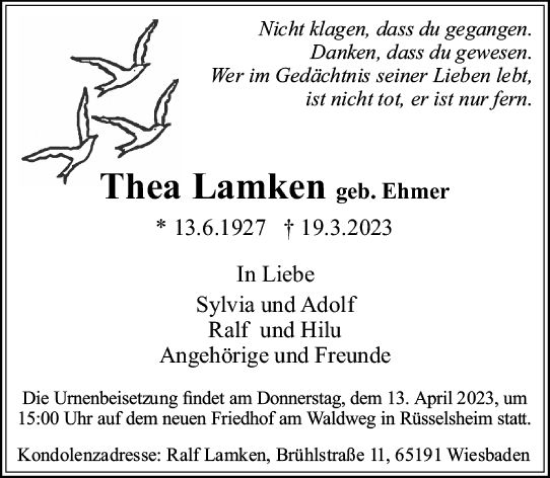 Traueranzeige von Thea Lamken von Rüsselsheimer Echo