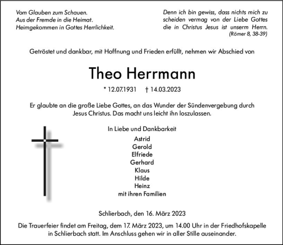 Traueranzeige von Theo Herrmann von Hinterländer Anzeiger