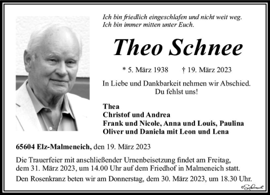 Traueranzeige von Theo Schnee von Nassauische Neue Presse