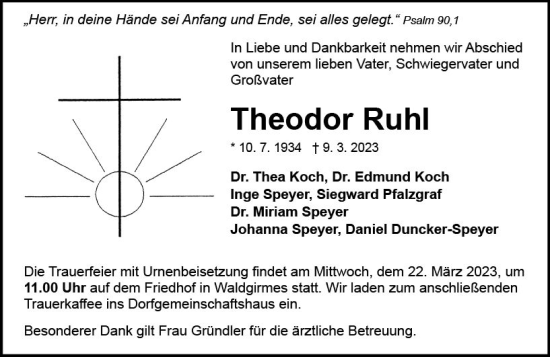 Traueranzeige von Theodor Ruhl von Wetzlarer Neue Zeitung