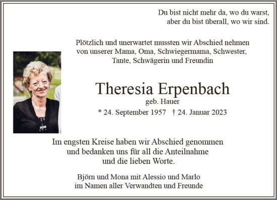 Traueranzeige von Theresia Erpenbach von Wiesbadener Kurier