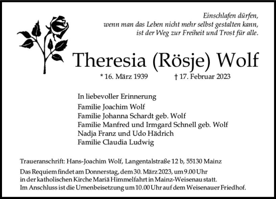 Traueranzeige von Theresia Wolf von Allgemeine Zeitung Mainz