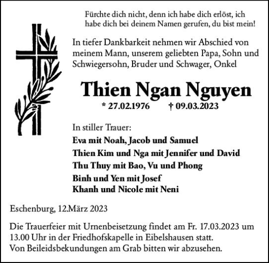 Traueranzeige von Thien Ngan Nguyen von Dill Block