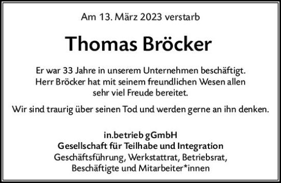 Traueranzeige von Thomas Bröcker von Allgemeine Zeitung Bingen/Ingelheim