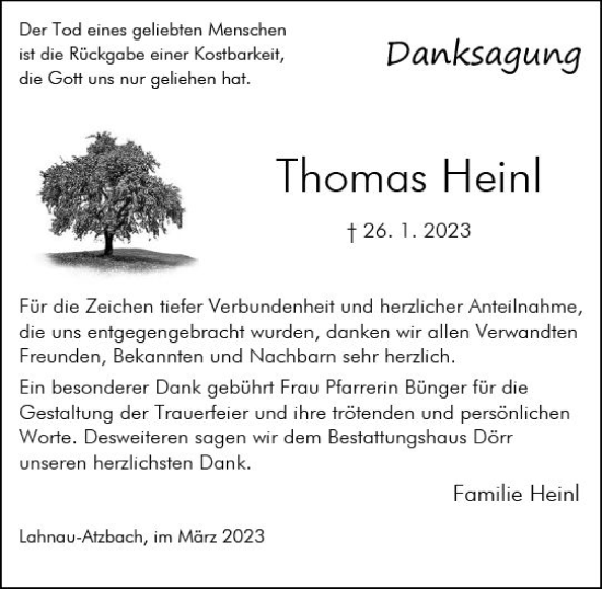 Traueranzeige von Thomas Heinl von Wetzlarer Neue Zeitung