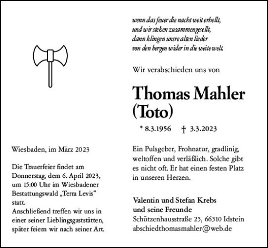 Traueranzeige von Thomas Mahler von Wiesbadener Kurier
