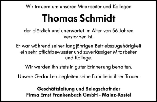 Traueranzeige von Thomas Schmidt von Allgemeine Zeitung Mainz