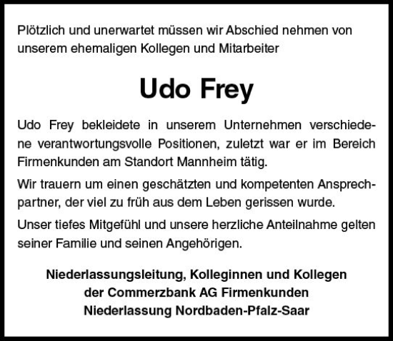 Traueranzeige von Udo Frey von Allgemeine Zeitung Alzey