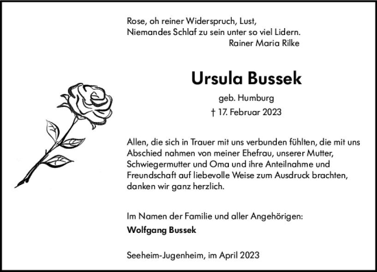 Traueranzeige von Ursula Bussek von Darmstädter Echo