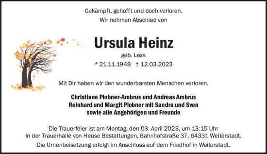 Traueranzeige von Ursula Heinz von Darmstädter Echo