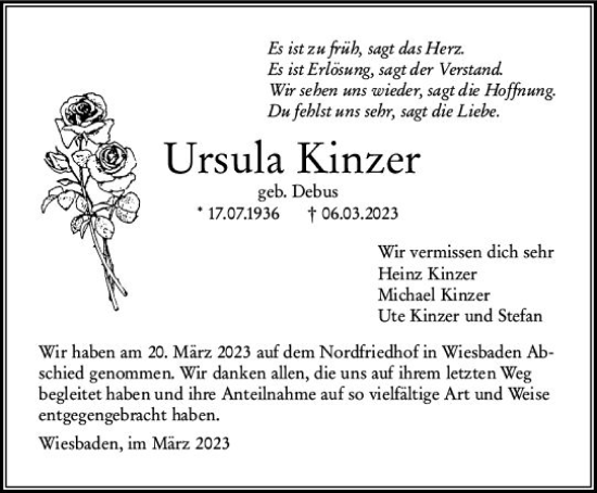 Traueranzeige von Ursula Kinzer von Wiesbadener Kurier
