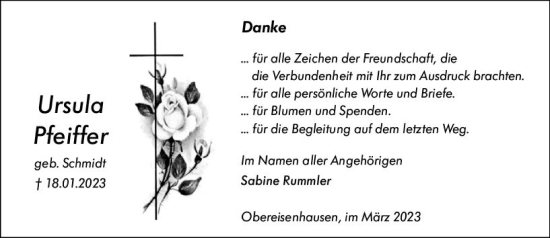 Traueranzeige von Ursula Pfeiffer von Hinterländer Anzeiger