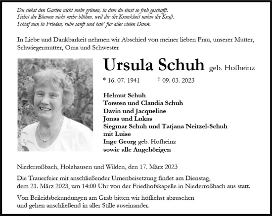 Traueranzeige von Ursula Schuh von Dill Block