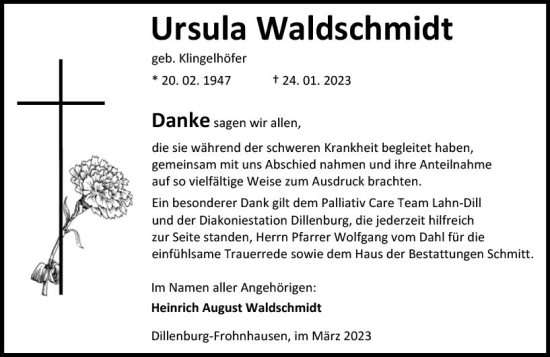 Traueranzeige von Ursula Waldschmidt von Dill Block
