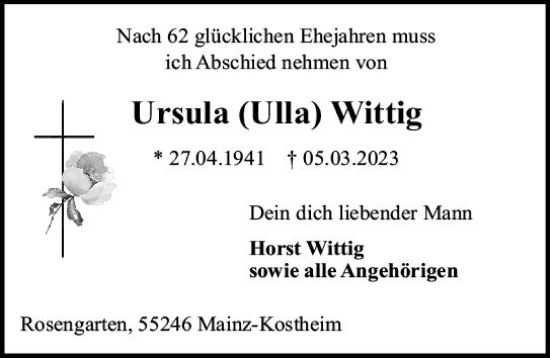 Traueranzeige von Ursula Wittig von Allgemeine Zeitung Mainz