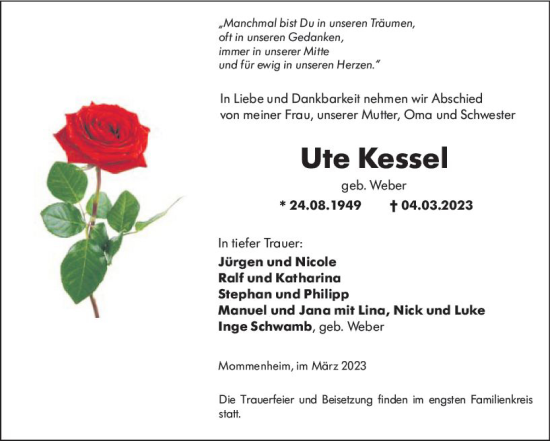 Traueranzeige von Ute Kessel von Allgemeine Zeitung Mainz