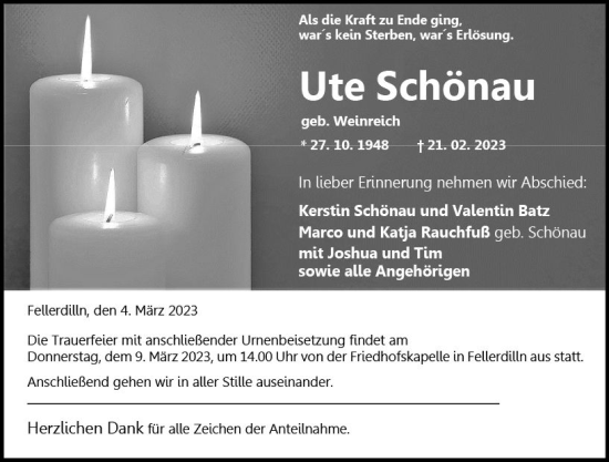 Traueranzeige von Ute Schönau von Dill Block
