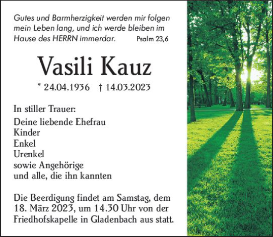 Traueranzeige von Vasili Kauz von Hinterländer Anzeiger